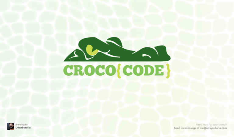 CrocoCode brand image featuring the full logo with a crocodile skin texture in the background, adding a visually interesting and thematic touch. The image is created by UdaySutaria.