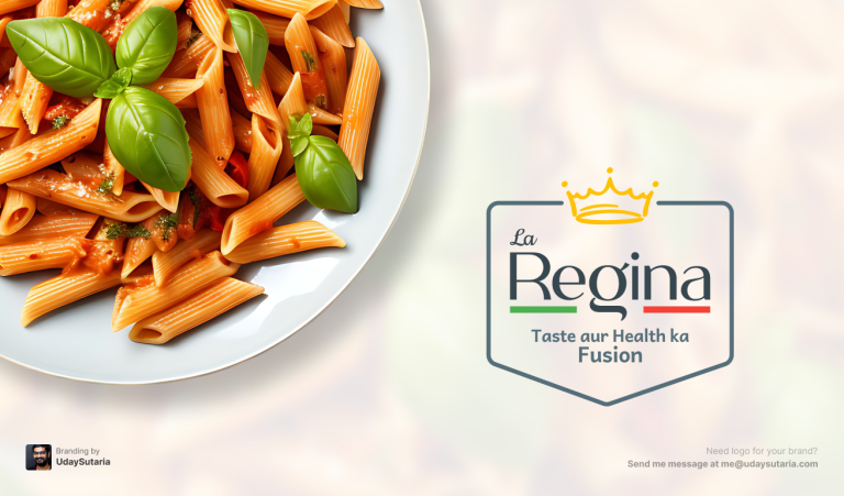 La Regina brand image featuring the full logo alongside a flat lay of cooked pasta, creating visual interest and highlighting the brand’s theme. The image is created by UdaySutaria.