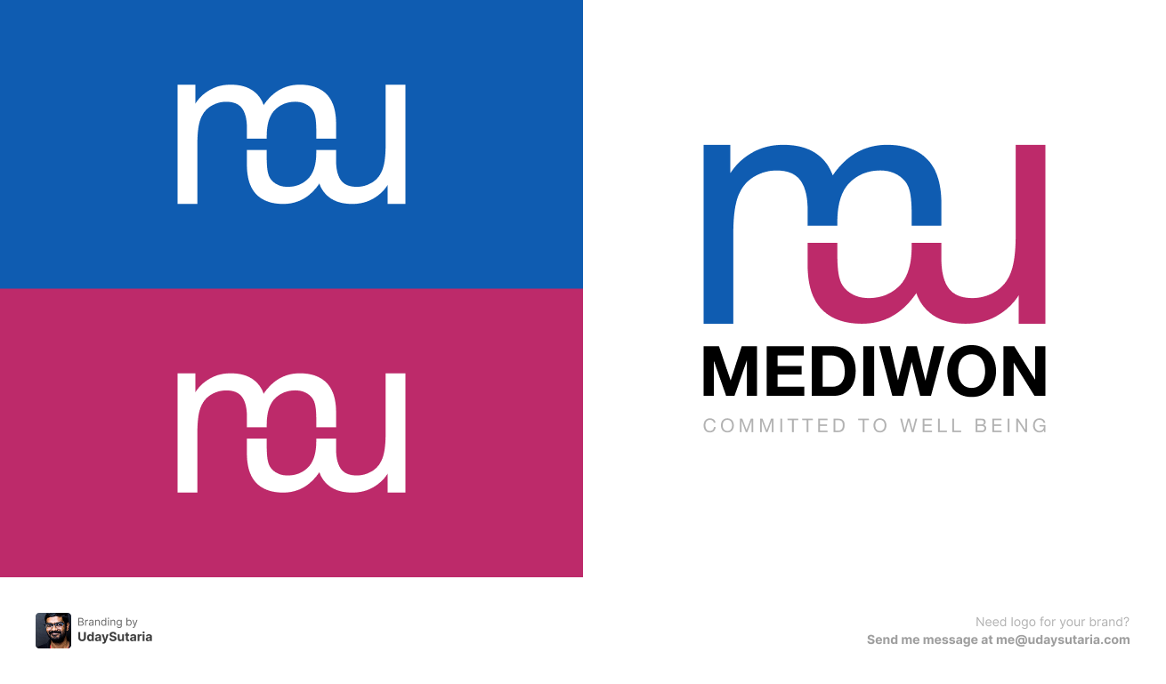 Mediwon brand image showcasing three elements: the full colored logo and two variations of the white logo on brand-colored backgrounds. The image is created by UdaySutaria.