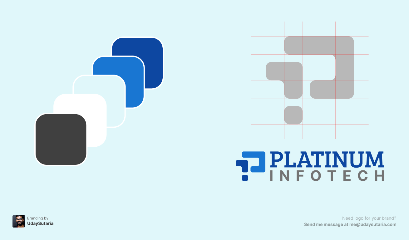 Platinum Infotech brand image featuring three elements: the color palette used for the logo, the structure of the logo symbol, and the full logo design. The image is created by UdaySutaria.