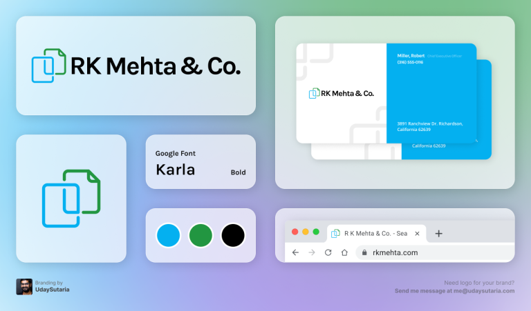 RK Mehta & Co. logo displayed in a bentobox layout. Each block showcases the full logo, visiting card layout, logo symbol, font used in the logo, color palette, and favicon for the website. The image is created by UdaySutaria.