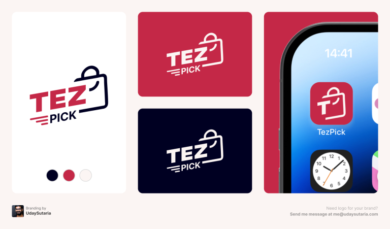 TezPick logo displayed in a bentobox layout. Each block features the colored logo, color palette, logo on a red background, logo on a black background, and the app icon for the mobile app. The image is created by UdaySutaria.