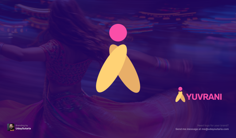 Yuvrani brand logo mark alongside the full logo. The background features a Rajasthani girl performing a traditional folk dance, blending cultural heritage with modern branding. The image is created by UdaySutaria.