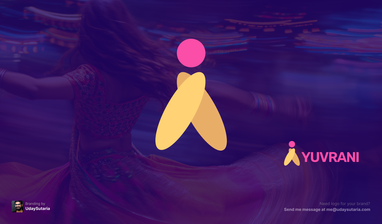 Yuvrani brand logo mark alongside the full logo. The background features a Rajasthani girl performing a traditional folk dance, blending cultural heritage with modern branding. The image is created by UdaySutaria.